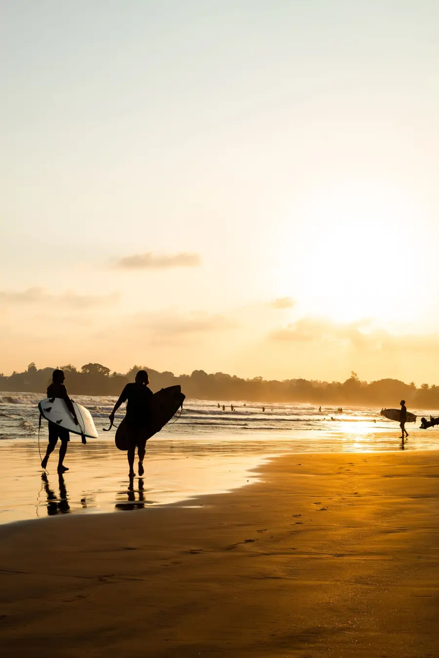 Surfers at sunset, Arugam Bay, Sri Lanka